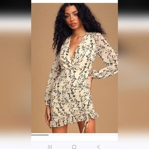One True Love Cream Floral Print Ruched Long Sleeve Mini Dress
